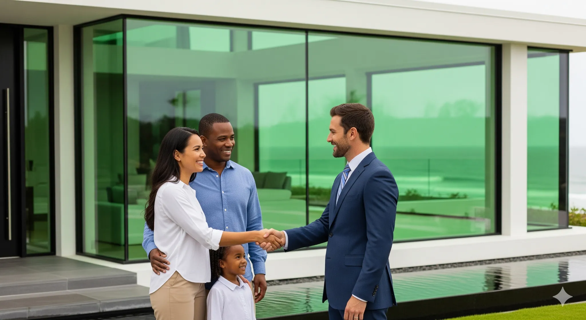 Happy family standing outside their modern home after a confident property purchase.